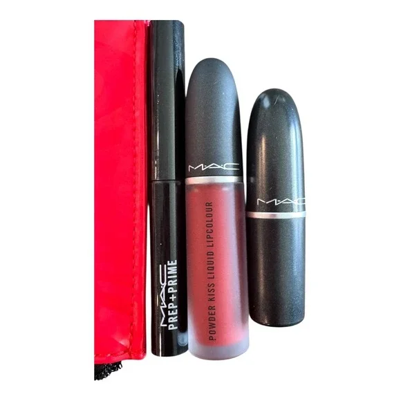 NEW MAC Cosmetics Makeup Set Chili Lipstick Lip Colour Prep Prime Bag Double Zip - Picture 2 of 8